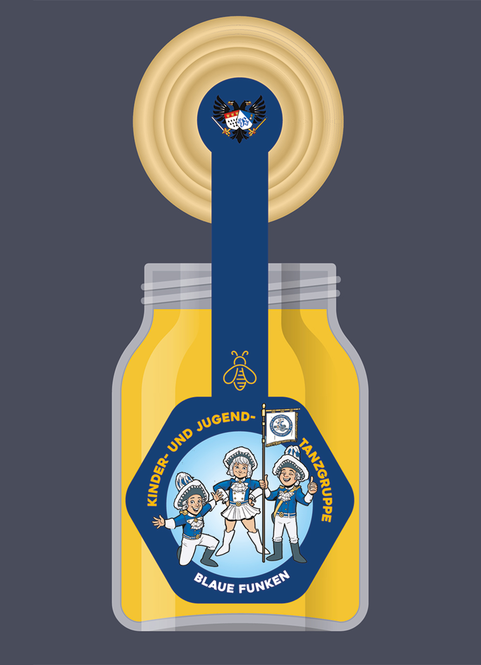 Logo der Kinder- und Jugendtanzgruppe Blaue Funken mit drei tanzenden Figuren in traditioneller Kleidung auf gelbem Hintergrund. Ideal für Veranstaltungen und Karneval.