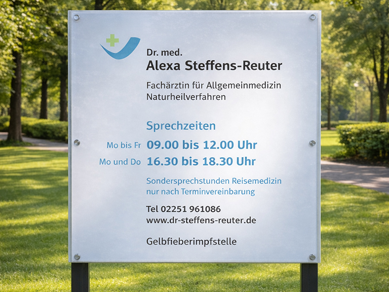 Praxis-Schild von Dr. med. Alexa Steffens-Reuter, Fachärztin für Allgemeinmedizin und Naturheilverfahren, mit Sprechzeiten und Kontaktdaten im Grünen.
