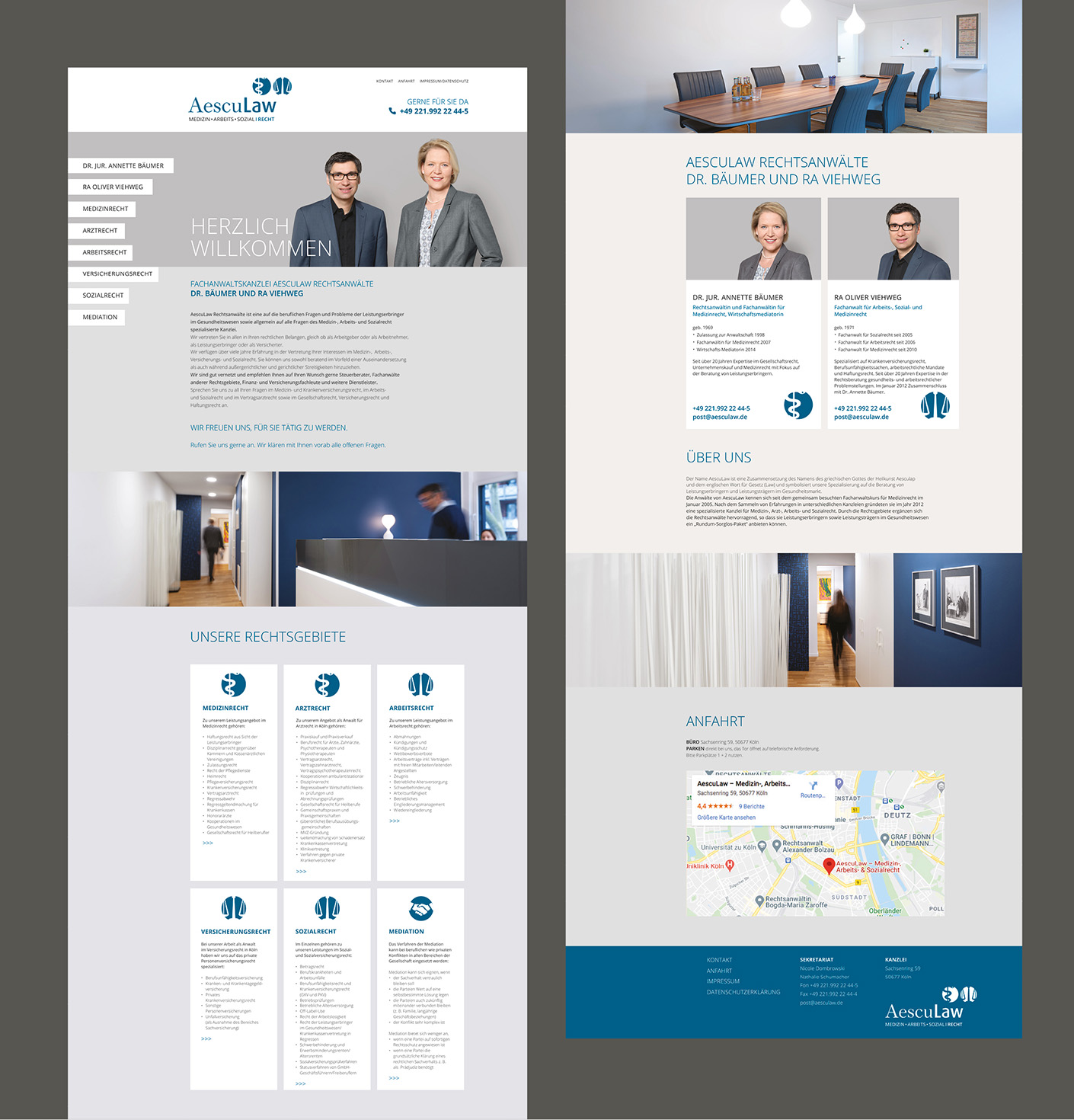 Webseite der Aesculaw Rechtsanwälte mit Informationen zu den Anwälten Dr. Annette Bäumer und RA Oliver Viehweg sowie den Rechtsgebieten Medizinrecht, Arbeitsrecht und mehr.