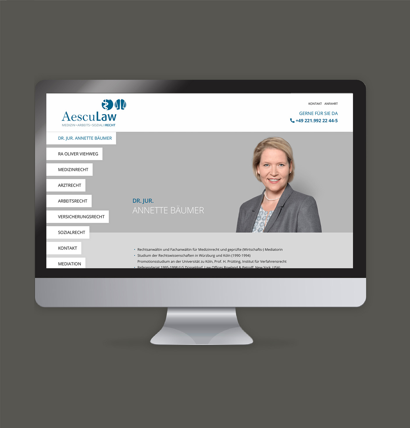 Professionelle Webseite von Dr. jur. Annette Bäumer, Fachanwältin für Medizinrecht, Arbeitsrecht und Sozialrecht, mit Kontaktinformationen und Dienstleistungen im juristischen Bereich.