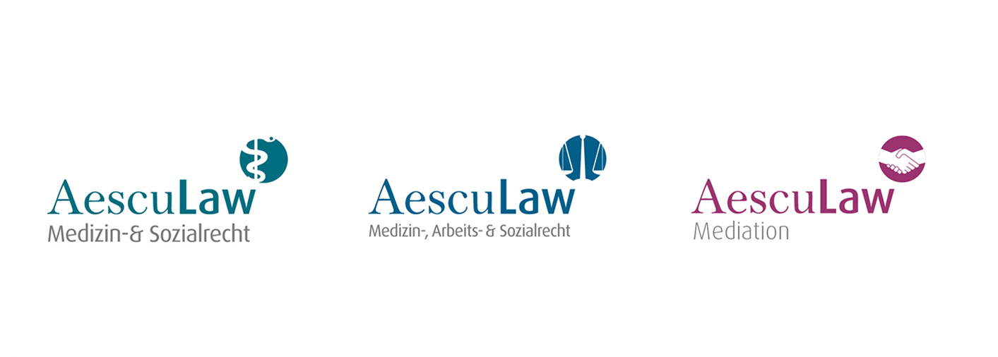 Logo von Aesculaw mit den Schwerpunkten Medizin-, Arbeits- und Sozialrecht sowie Mediation. Klare Darstellung der Rechtsgebiete und professionelles Design zur Markenidentität.
