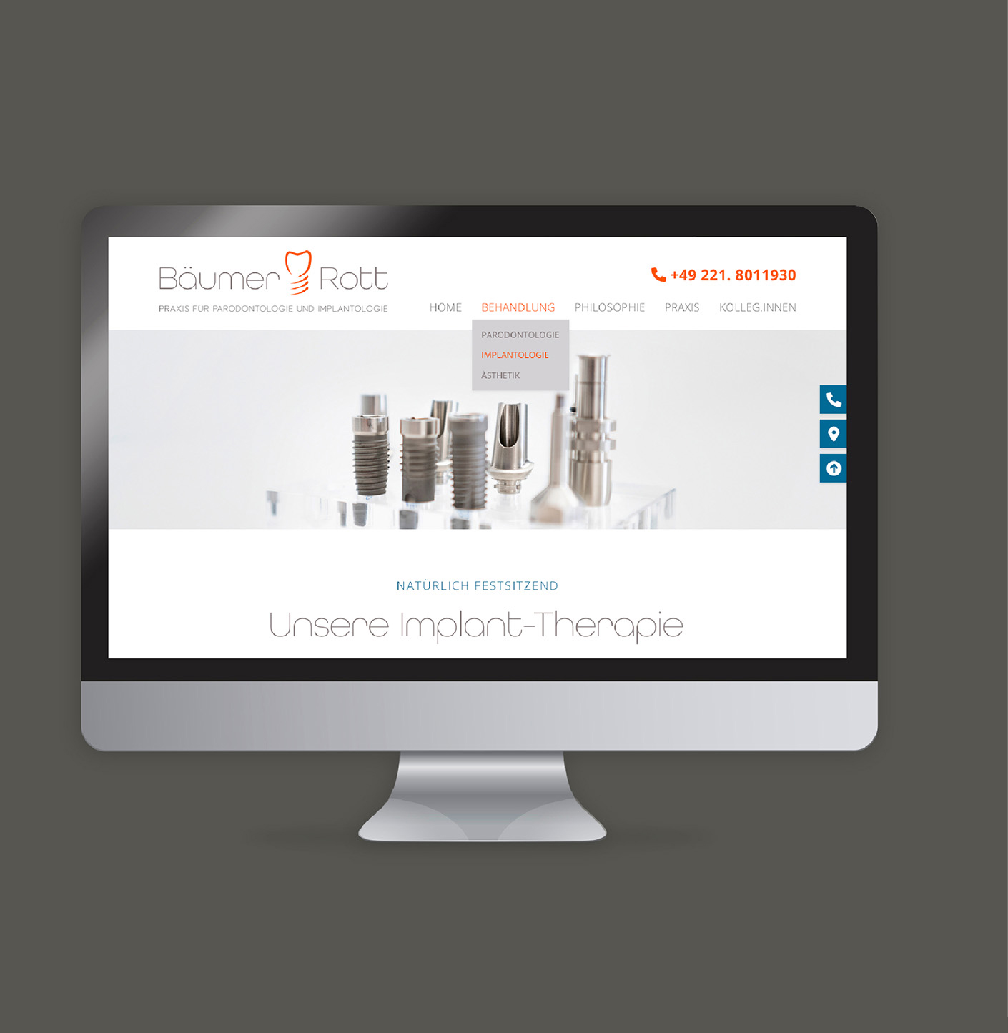 Bildschirmansicht der Website von Bäumer Rott, einer Praxis für Parodontologie und Implantologie. Fokus auf Implantat-Therapie und moderne Behandlungsmethoden.