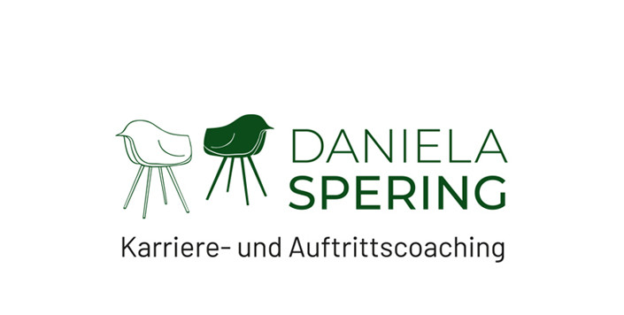 Logo von Daniela Spering, spezialisiert auf Karriere- und Auftrittscoaching. Zwei stilisierte Stühle symbolisieren die Beratung und Unterstützung für berufliche Entwicklung. Logodesign Köln
