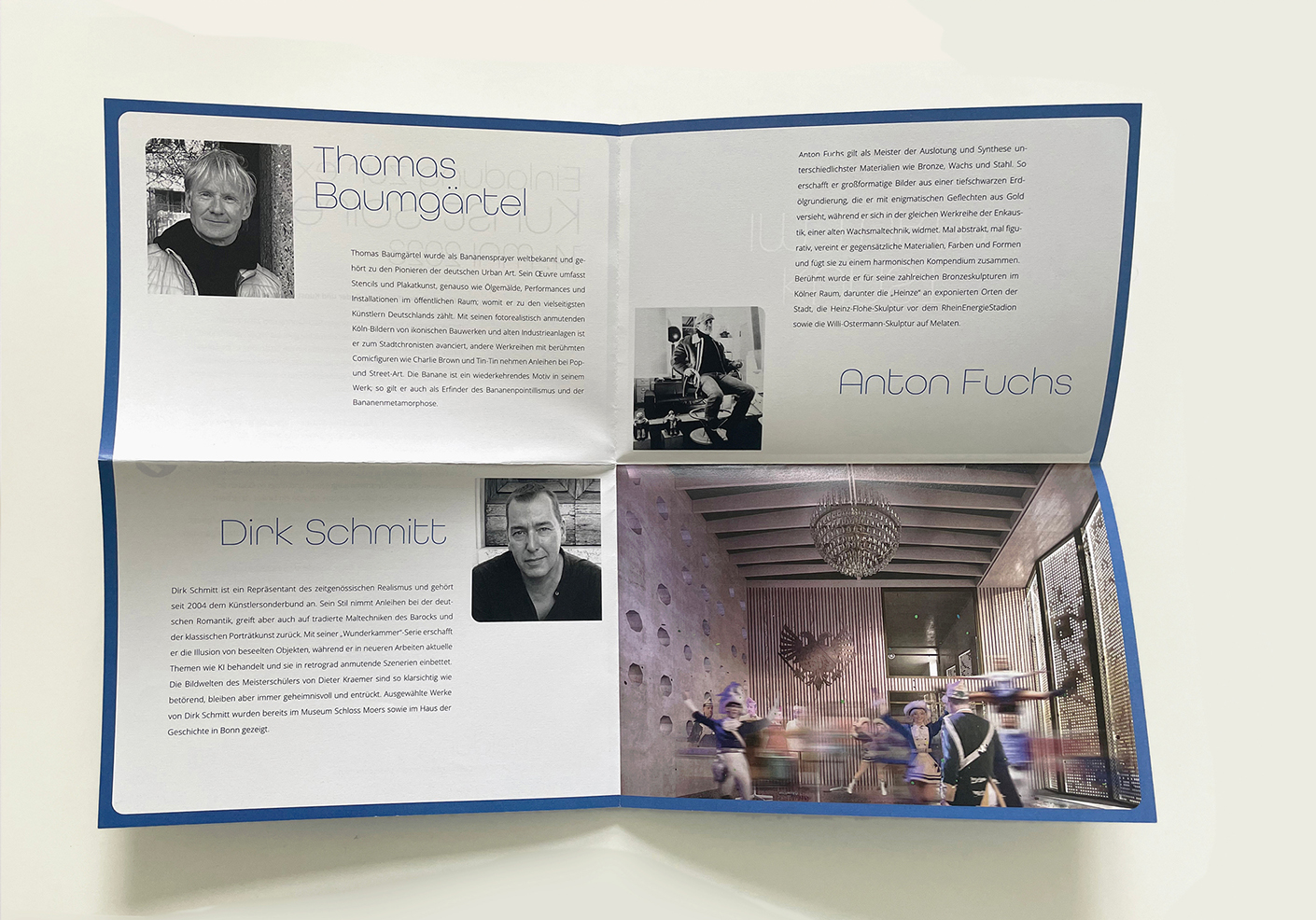 Broschüre über Künstler Thomas Baumgärtel, Anton Fuchs und Dirk Schmitt, mit Porträts und Informationen zu ihren Arbeiten und Projekten im Bereich zeitgenössische Kunst.