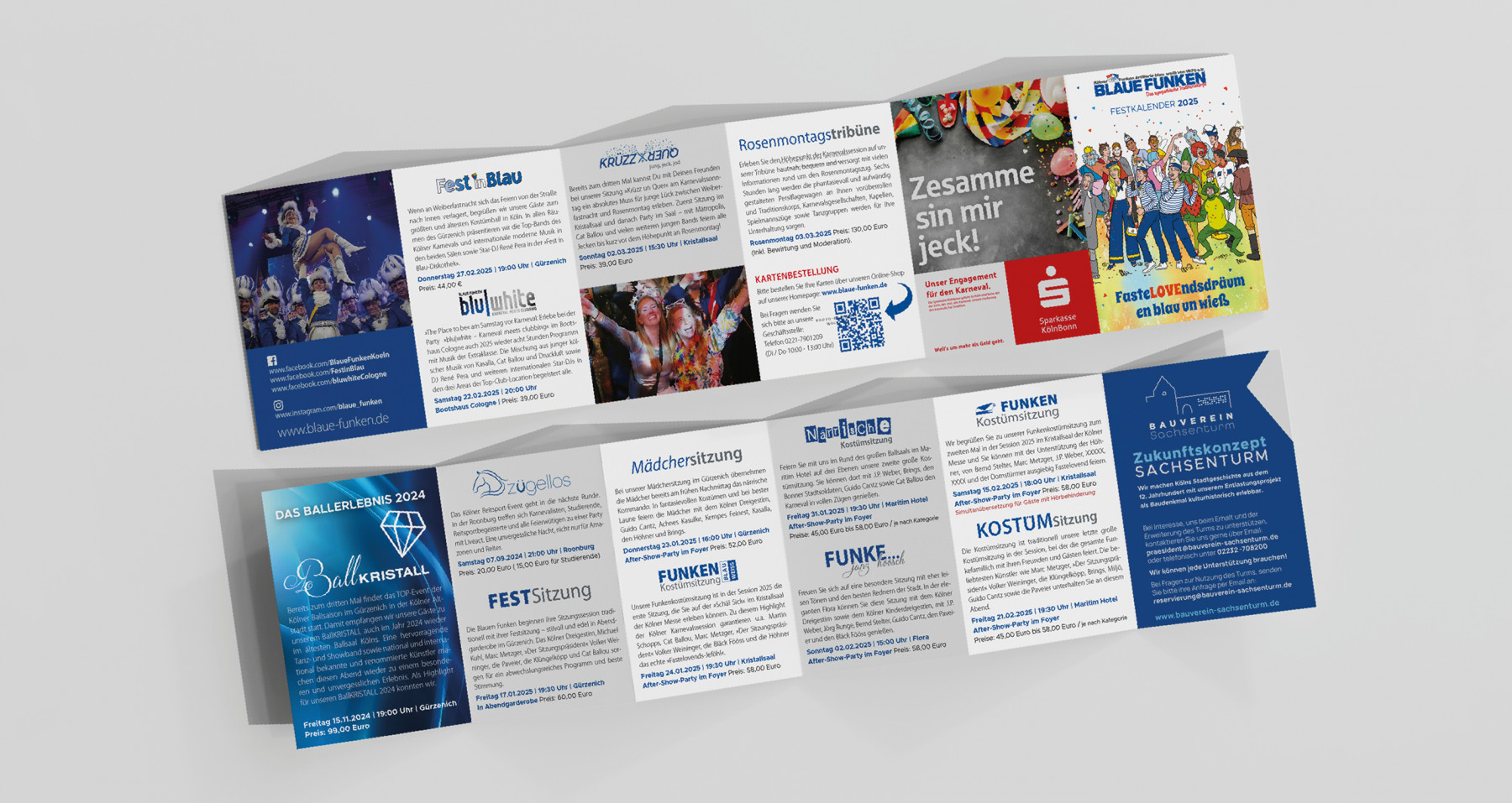 Broschüre der Blauen Funken mit Informationen zu Veranstaltungen, Kostümsitzungen und dem Festkalender für den Karneval 2024 in Köln. Attraktive Grafiken und Details zu Preisen und Terminen.