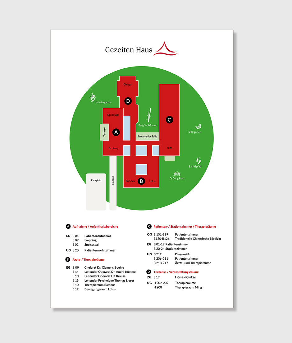 Übersichtskarte des Gezeiten Hauses mit verschiedenen Bereichen wie Empfang, Therapieräumen und Gärten. Ideal für Patienten und Besucher zur Orientierung im Gelände.