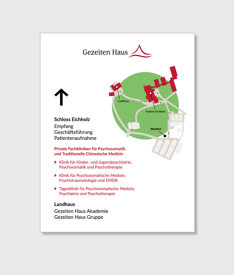 Übersichtskarte des Gezeiten Hauses am Schloss Eichholz, inkl. Informationen zu Empfang, Patientenausnahme und Fachkliniken für Psychosomatik und Traditionelle Chinesische Medizin.