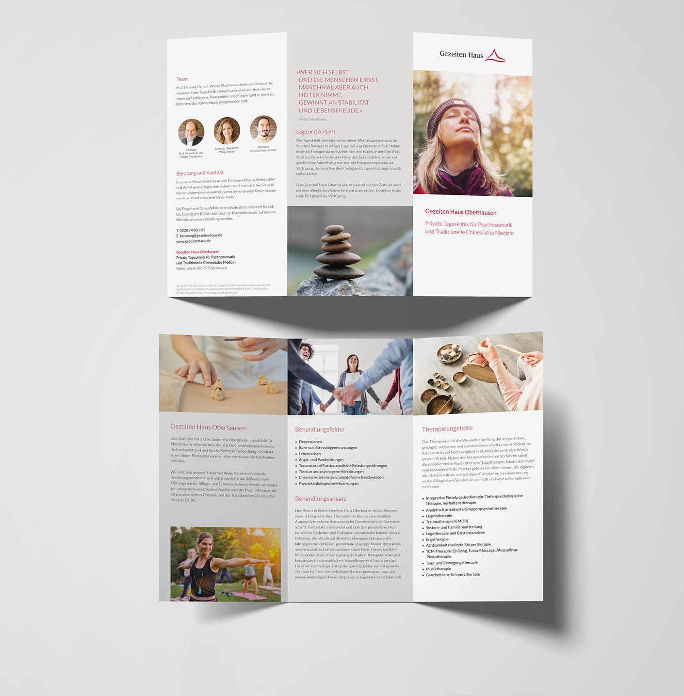 Informationsbroschüre des Gezeiten Hauses Oberhausen, die Therapiefelder und Angebote für Psychosomatik und traditionelle chinesische Medizin präsentiert. Fokus auf ganzheitliches Wohlbefinden.