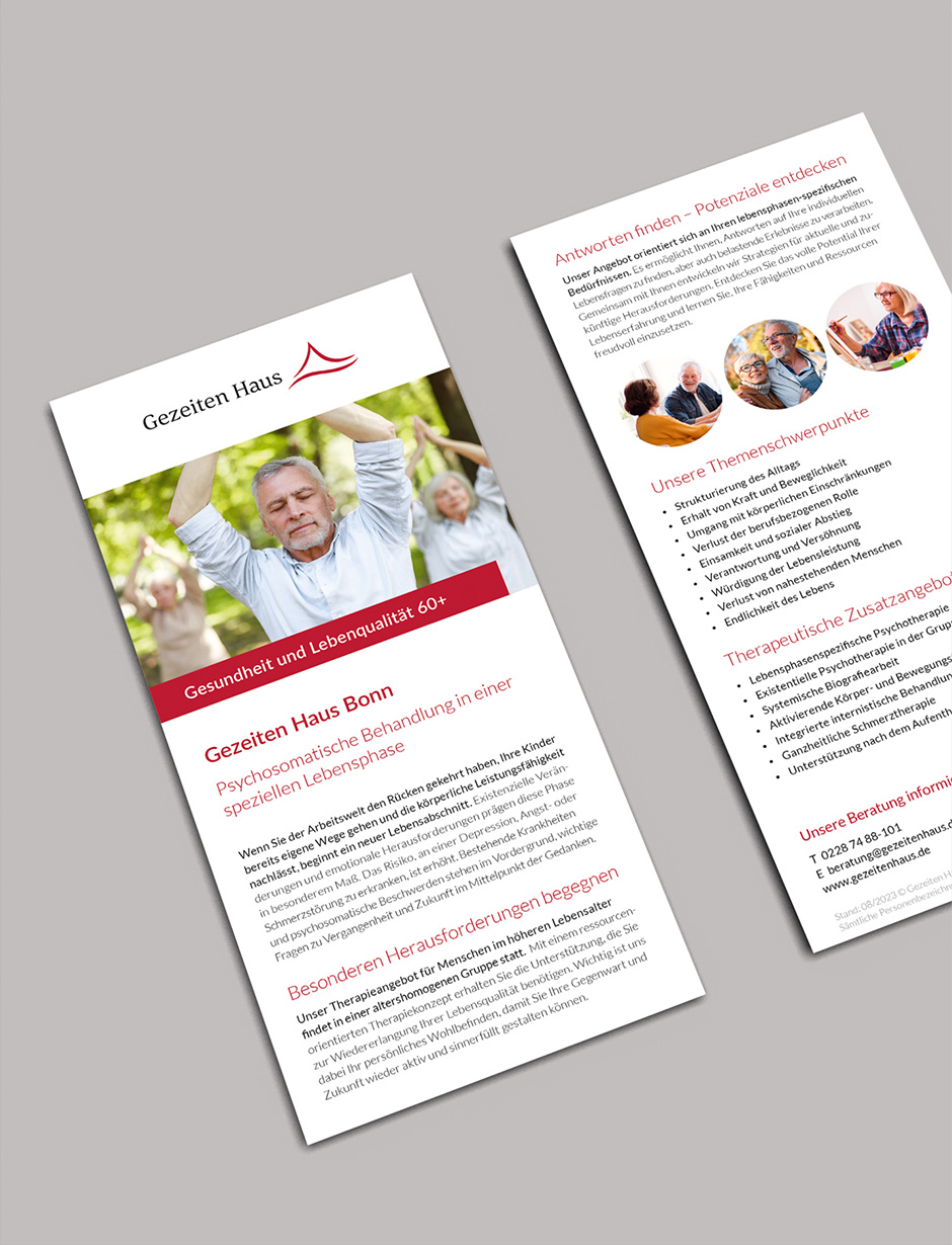 Informationsblatt des Gezeiten Hauses Bonn, das psychsomatische Behandlungen für Menschen über 60 Jahre anbietet, mit Fokus auf Gesundheit und Lebensqualität.