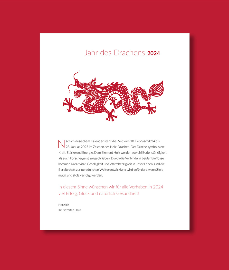 Jahr des Drachen 2024: Das Bild zeigt eine stilisierte Drachenillustration auf rotem Hintergrund, begleitet von Informationen über das chinesische Neujahrsfest und seine Bedeutung.