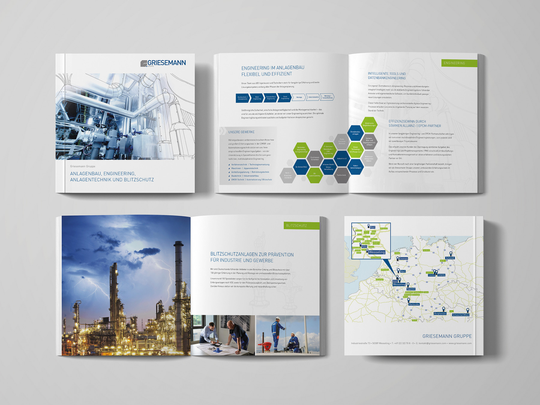 Bild der Griesemann Gruppe mit einem Katalog zu Anlagenbau, Engineering und Blitzschutz. Enthält Informationen zu Dienstleistungen, Projekten und Standorten in Europa.