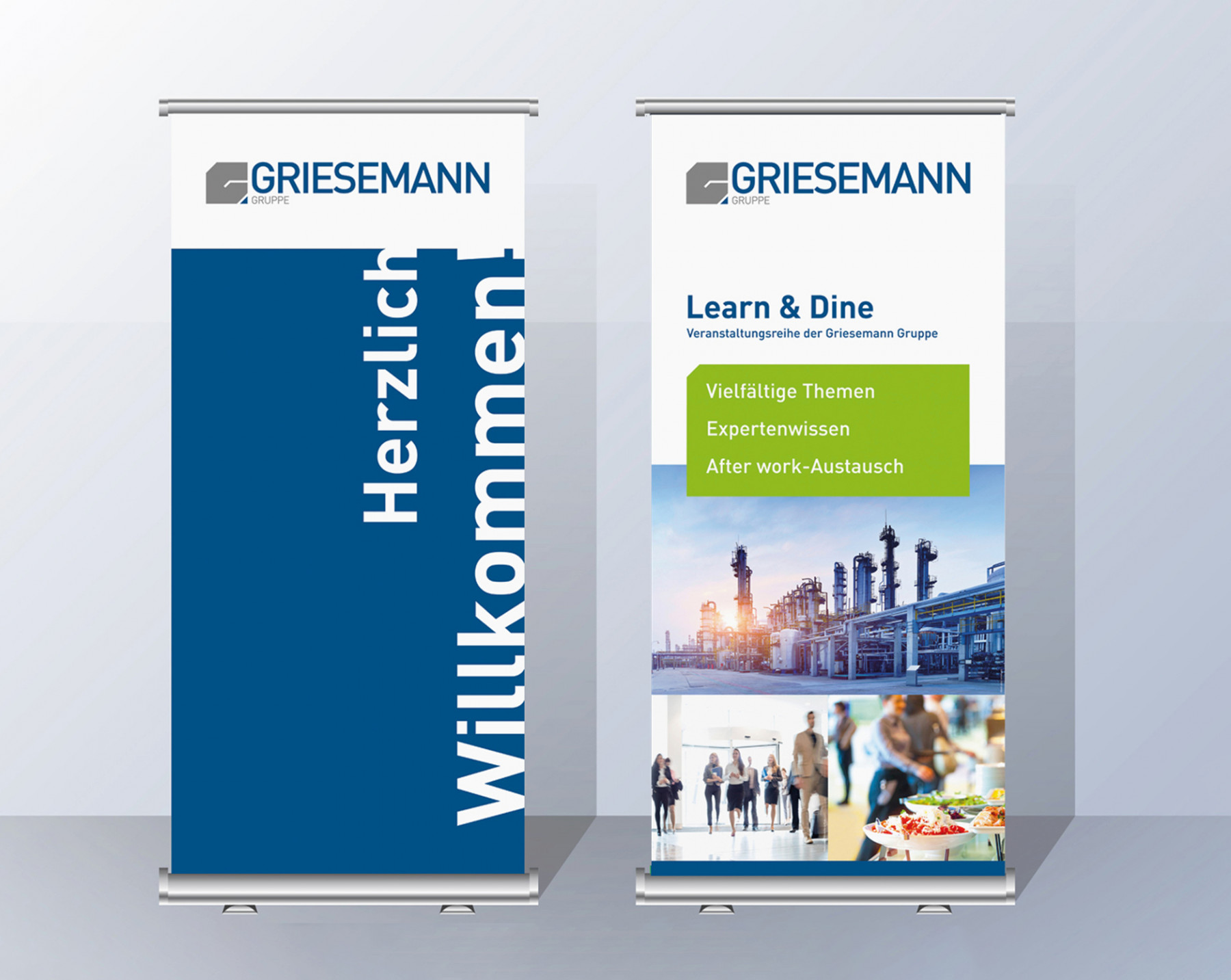 Zwei Rollups der Griesemann Gruppe mit den Themen Willkommen und Learn & Dine. Informationen zu Veranstaltungen, Expertenwissen und After-Work-Austausch werden hervorgehoben.
