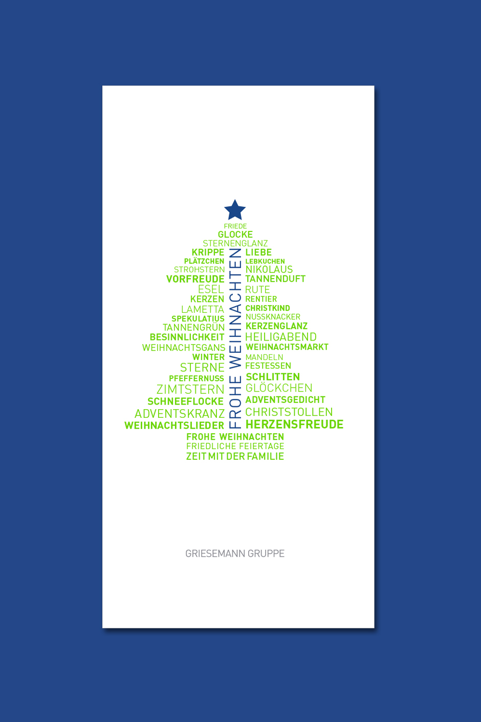 Weihnachtsbaum aus Wörtern, die mit Weihnachten und festlichen Traditionen verbunden sind, auf weißem Hintergrund mit blauer Umrandung, gestaltet von der Griesemann Gruppe.