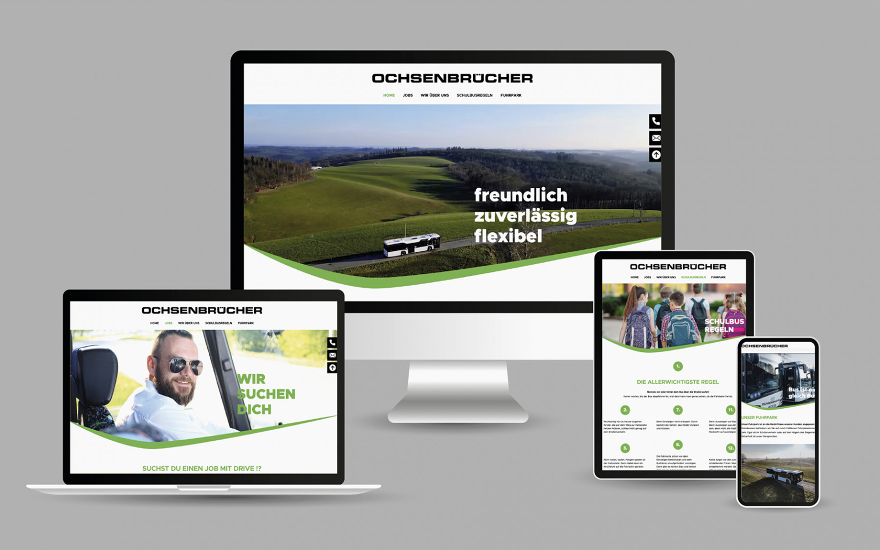 Moderne Website von Ochsenbrücher auf verschiedenen Geräten, präsentiert Dienstleistungen im Bereich Busverkehr und Jobangebote, betont Freundlichkeit, Zuverlässigkeit und Flexibilität.