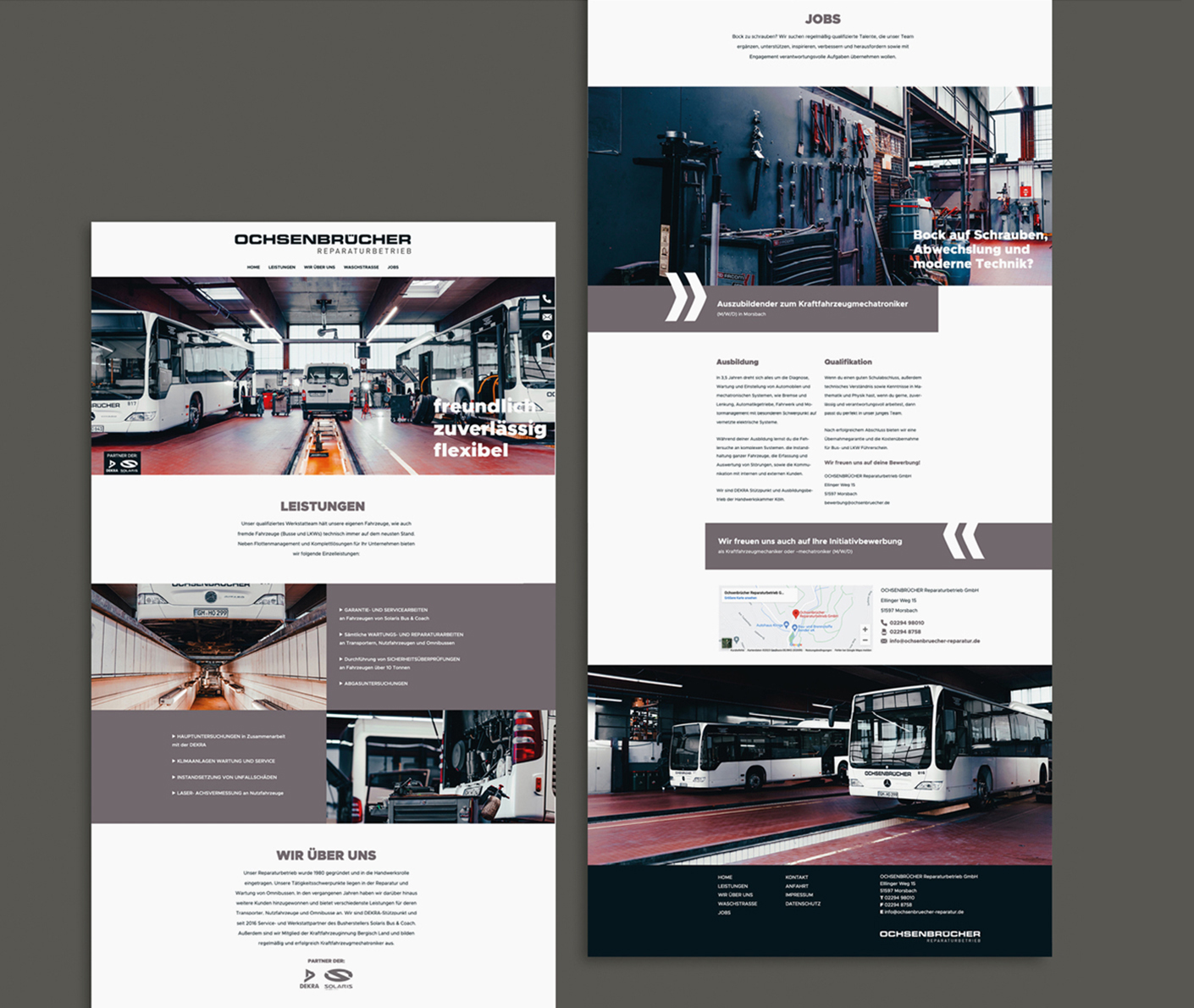 Webseite des Ochsenbrucher Reparaturbetriebs mit Informationen zu Dienstleistungen, Jobs und Ausbildungsmöglichkeiten für Kfz-Mechatroniker in einer modernen Werkstatt.