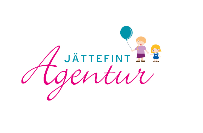 Logo der Jättefint Agentur in Köln mit bunten Illustrationen von Kindern, die einen Ballon halten. Logodesign Köln