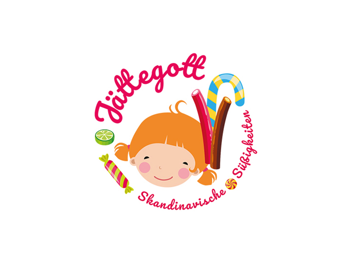 Logo von Jättegott in Köln, einem Anbieter skandinavischer Süßigkeiten. Es zeigt ein fröhliches Mädchen mit Süßigkeiten wie Lakritz und Bonbons in bunten Farben. Logodesign Köln
