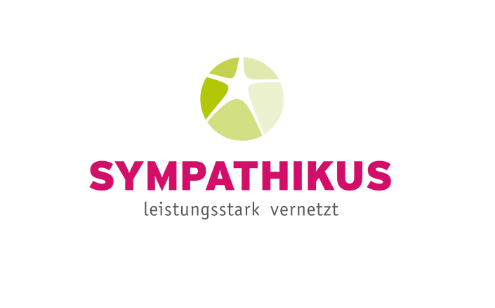 Logo von Sympathikus, das für Vernetzung und Leistungsstärke steht. Die Grafik kombiniert eine stilisierte Sternform und eine moderne Schriftart in ansprechenden Farben. Logodesign Köln