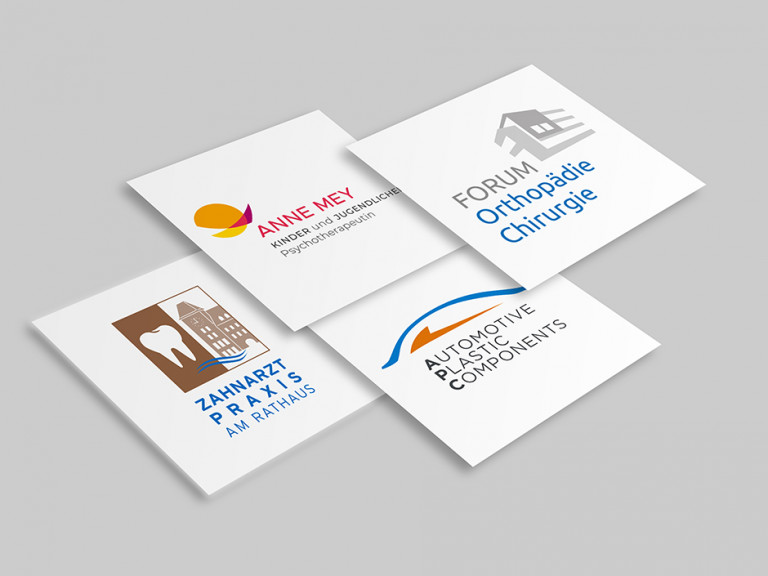 Logos von verschiedenen Fachbereichen: Kinder- und Jugendpsychotherapie, Zahnmedizin, Orthopädie und Automobilindustrie. Vielfältige Dienstleistungen im Gesundheits- und Techniksektor.