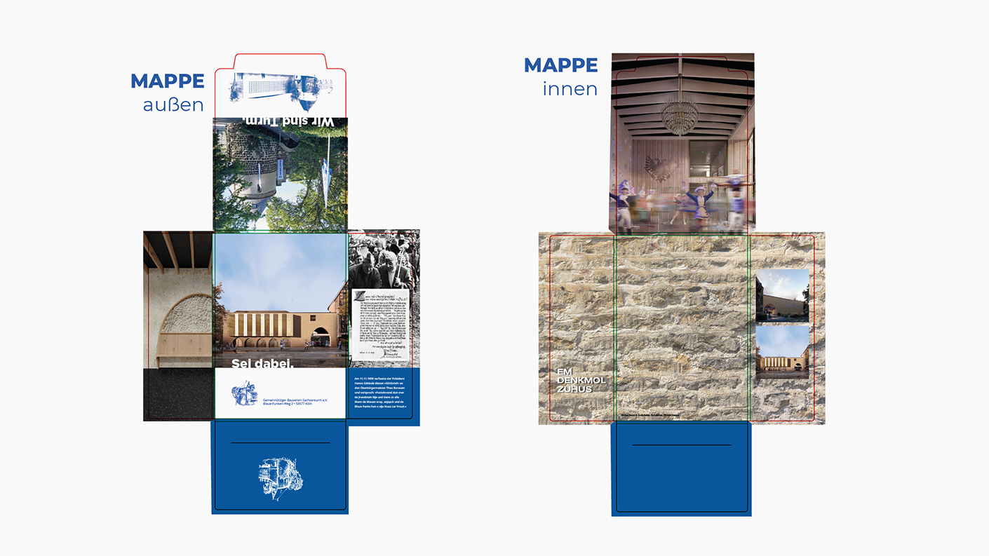 Visuelle Darstellung einer Mappe mit zwei Seiten: außen zeigt sie historische und aktuelle Fotos, innen sind moderne Design-Elemente und ein faszinierender Innenraum abgebildet.