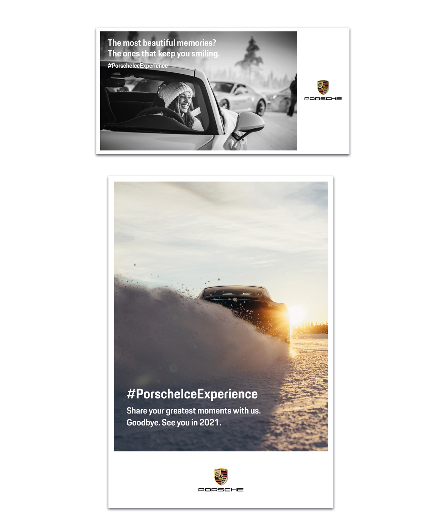 Porsche Erlebnis mit einem Fahrer, der in einem Sportwagen lächelt, während er durch Schnee fährt. Die Szene vermittelt Freude und Abenteuer beim Autofahren. #PorscheIceExperience