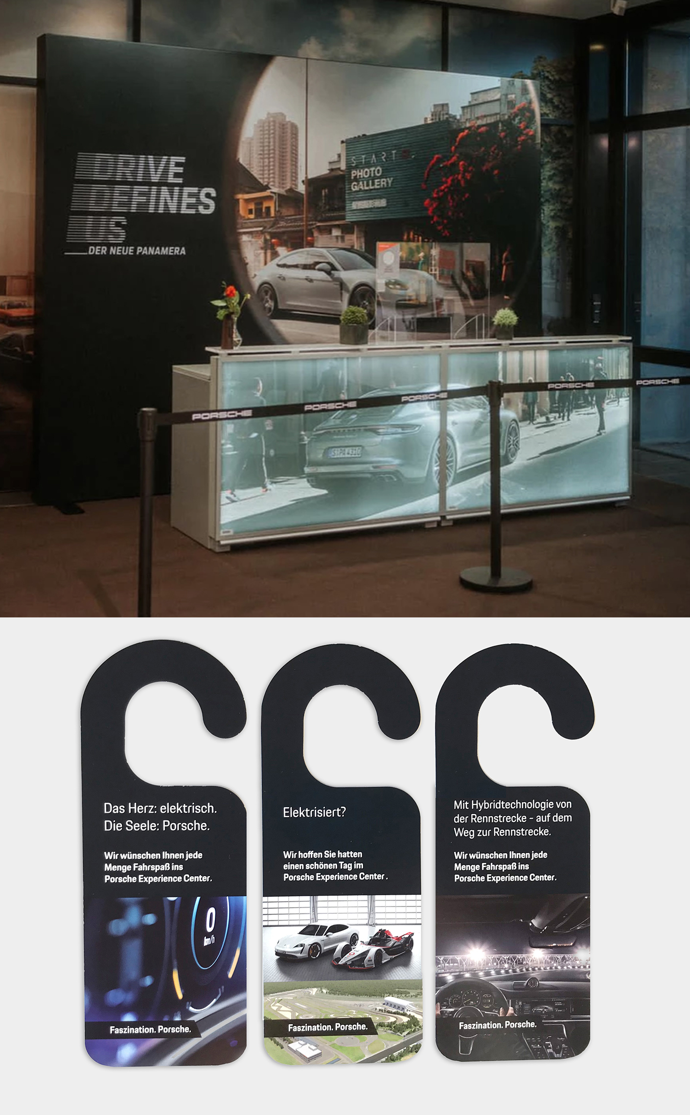 Porsche Erlebniswelt mit dem neuen Panamera. Sichtbare Informationen zu elektrischen Fahrzeugen und Hybridtechnologie, ergänzt durch eine ansprechende Ausstellung.