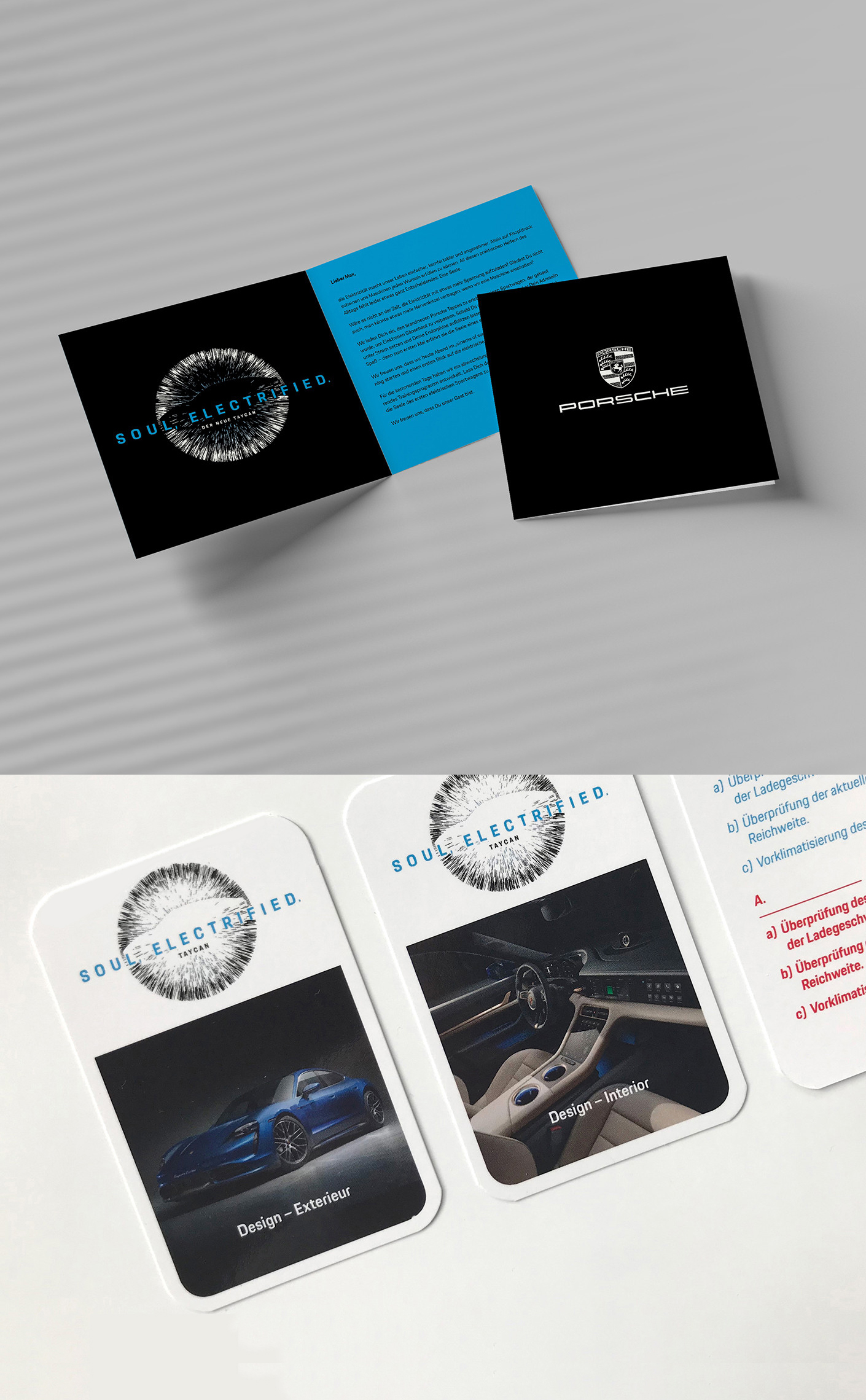 Broschüre von Porsche mit dem Titel "Soul Electrified" und Informationen zum Design des Taycan, einschließlich Außen- und Innendesign. Präsentation in modernem Layout.