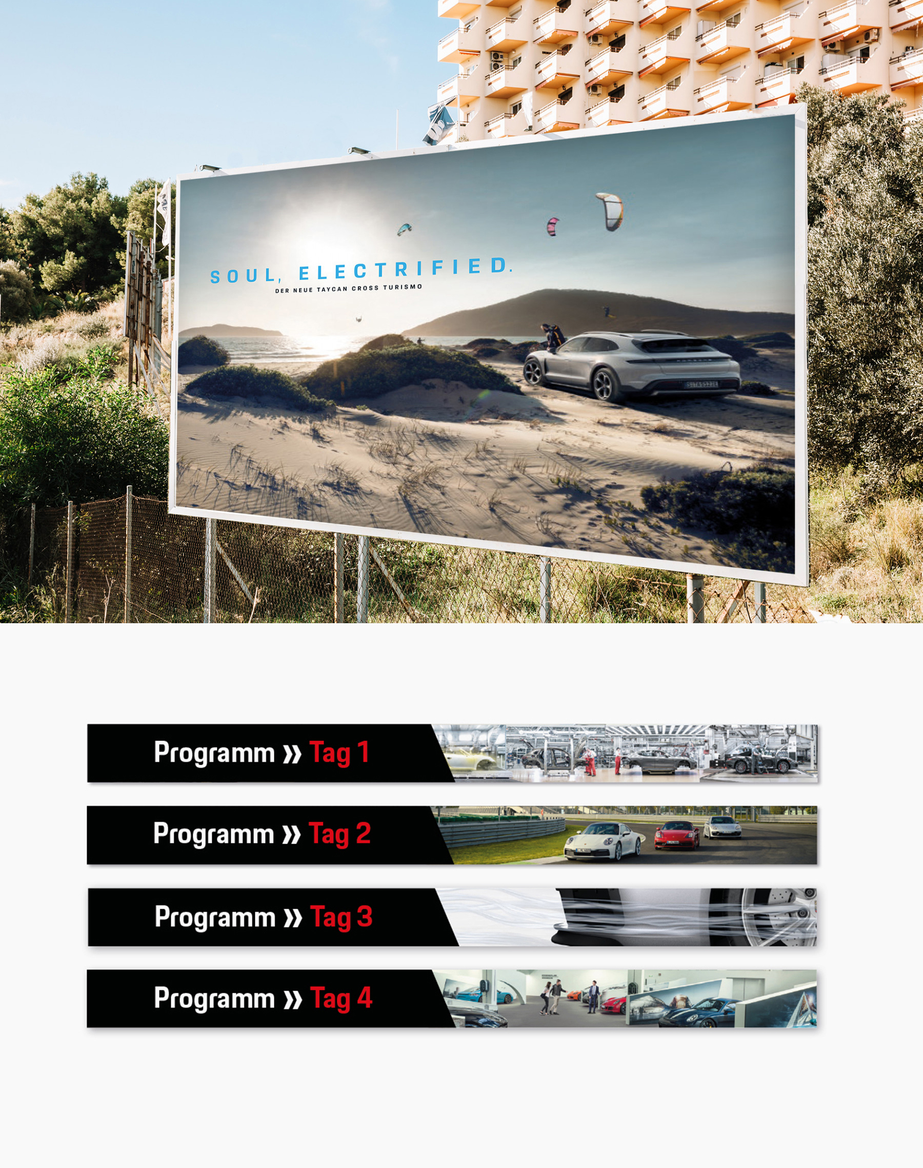 Werbung für den neuen Taycan Cross Turismo auf einem Billboard am Strand mit Kitesurfern im Hintergrund, darunter Programmübersicht mit vier Veranstaltungstags.