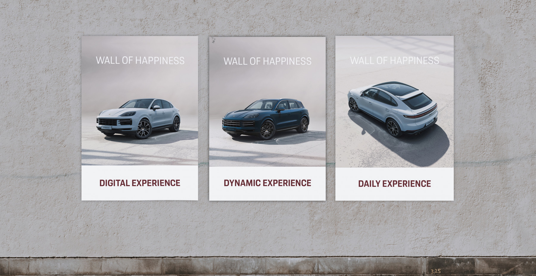 Drei Plakate mit dem Titel "Wall of Happiness", die verschiedene Porsche-Modelle präsentieren: Digital Experience, Dynamic Experience und Daily Experience, vor einer neutralen Wand.