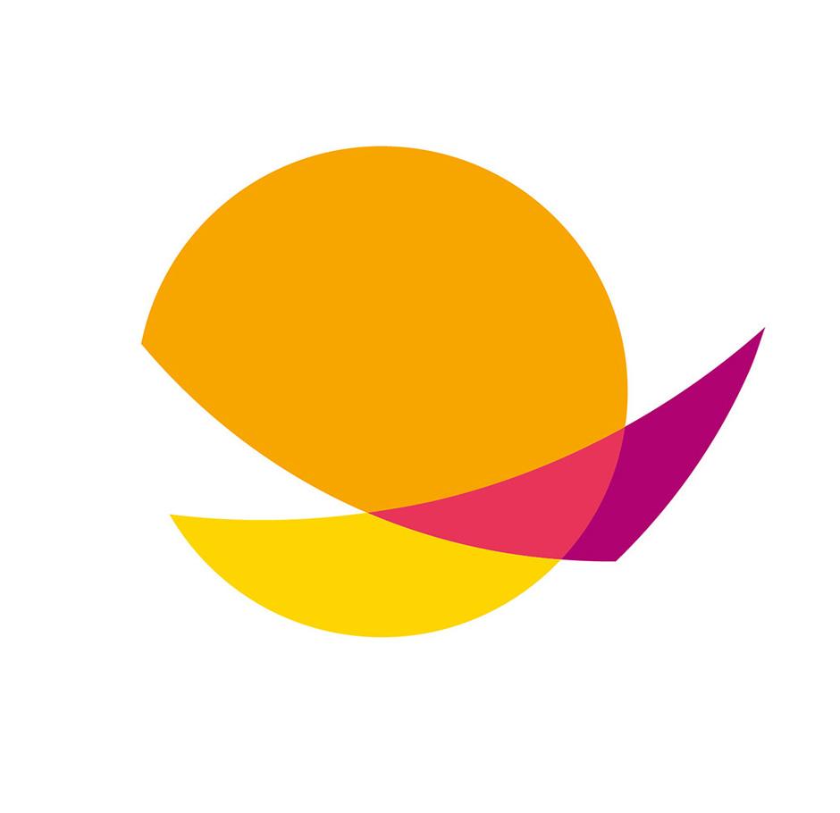 Grafik eines modernen Logos mit geometrischen Formen in Orange, Gelb und Magenta, symbolisiert Kreativität und Innovation im Design. Ideal für visuelle Kommunikation und Branding.