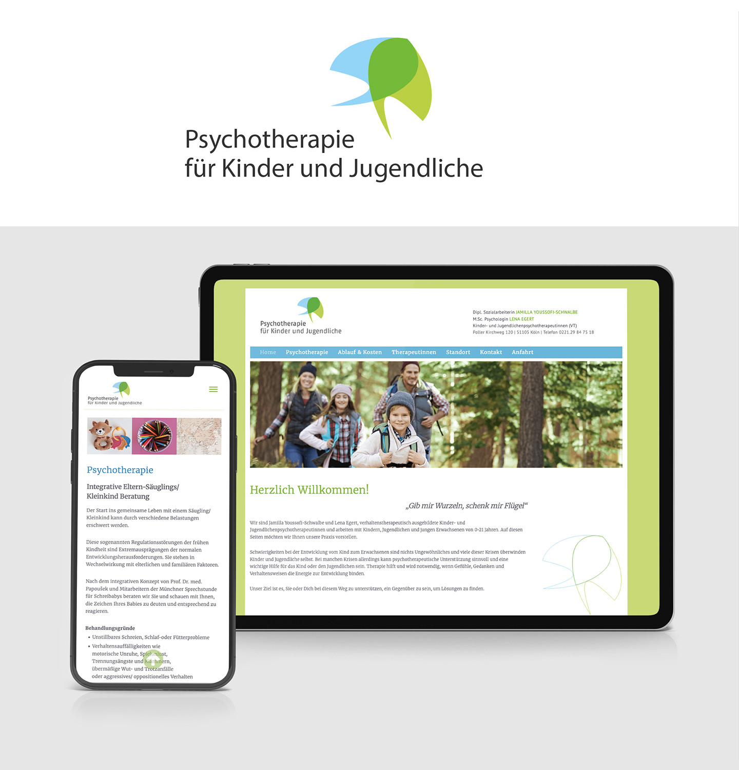 Website für Psychotherapie für Kinder und Jugendliche, dargestellt auf Smartphone und Tablet. Informationen zu Therapieansätzen und Kontaktmöglichkeiten sind sichtbar. Webdesign für Arztpraxen Köln