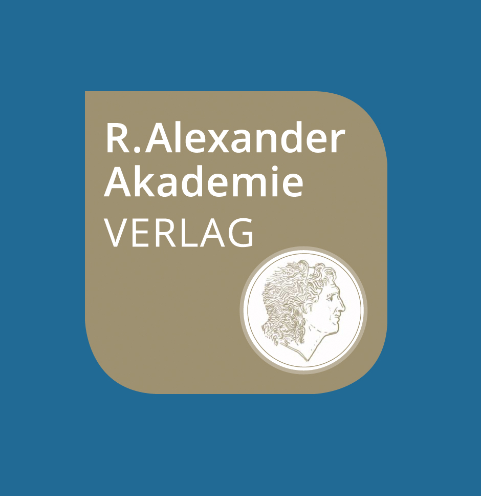 Logo der R. Alexander Akademie Verlag auf blauem Hintergrund, mit stilisiertem Porträt und dem Schriftzug "R. Alexander Akademie" und "VERLAG". Ideal für akademische Publikationen. Corporate Design Köln