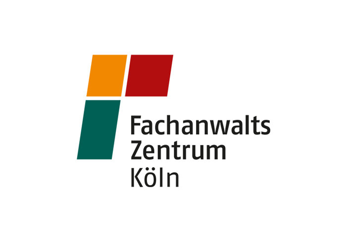 Logo des Fachanwaltszentrums Köln, das spezialisierte rechtliche Dienstleistungen anbietet. Die Farbgestaltung in Rot, Orange und Grün hebt die Professionalität hervor. Logodesign Köln