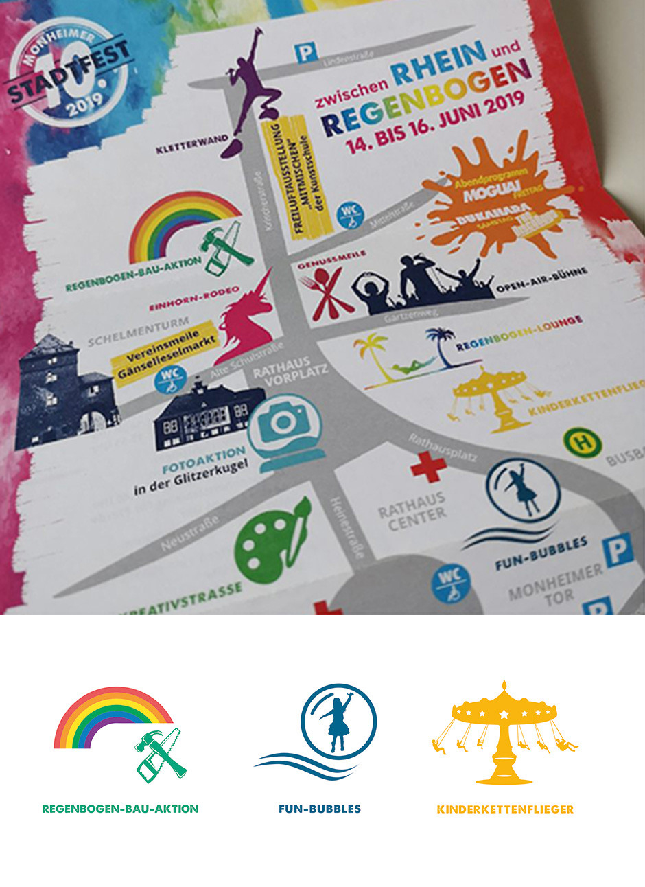 Stadtfest 2019 in Monheim: Karte mit Aktivitäten wie Kletterwand, Regenbogen-Bau-Aktion und Kinderattraktionen. Veranstaltung zwischen Rhein und Regenbogen vom 14. bis 16. Juni.