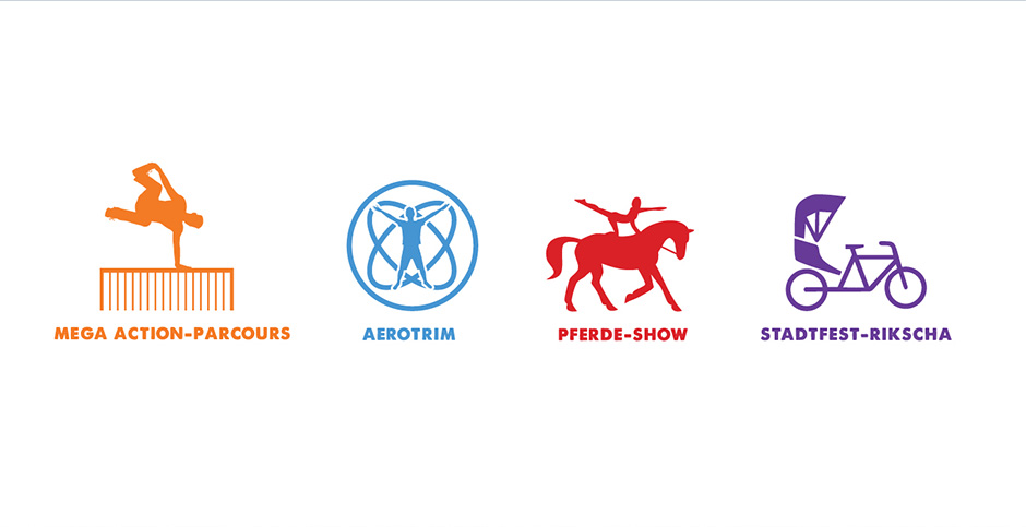 Grafik mit vier Symbolen für Freizeitaktivitäten: Mega Action-Parcours, Aerotrim, Pferde-Show und Stadtfest-Rikscha. Ideal für Events und Unterhaltung.