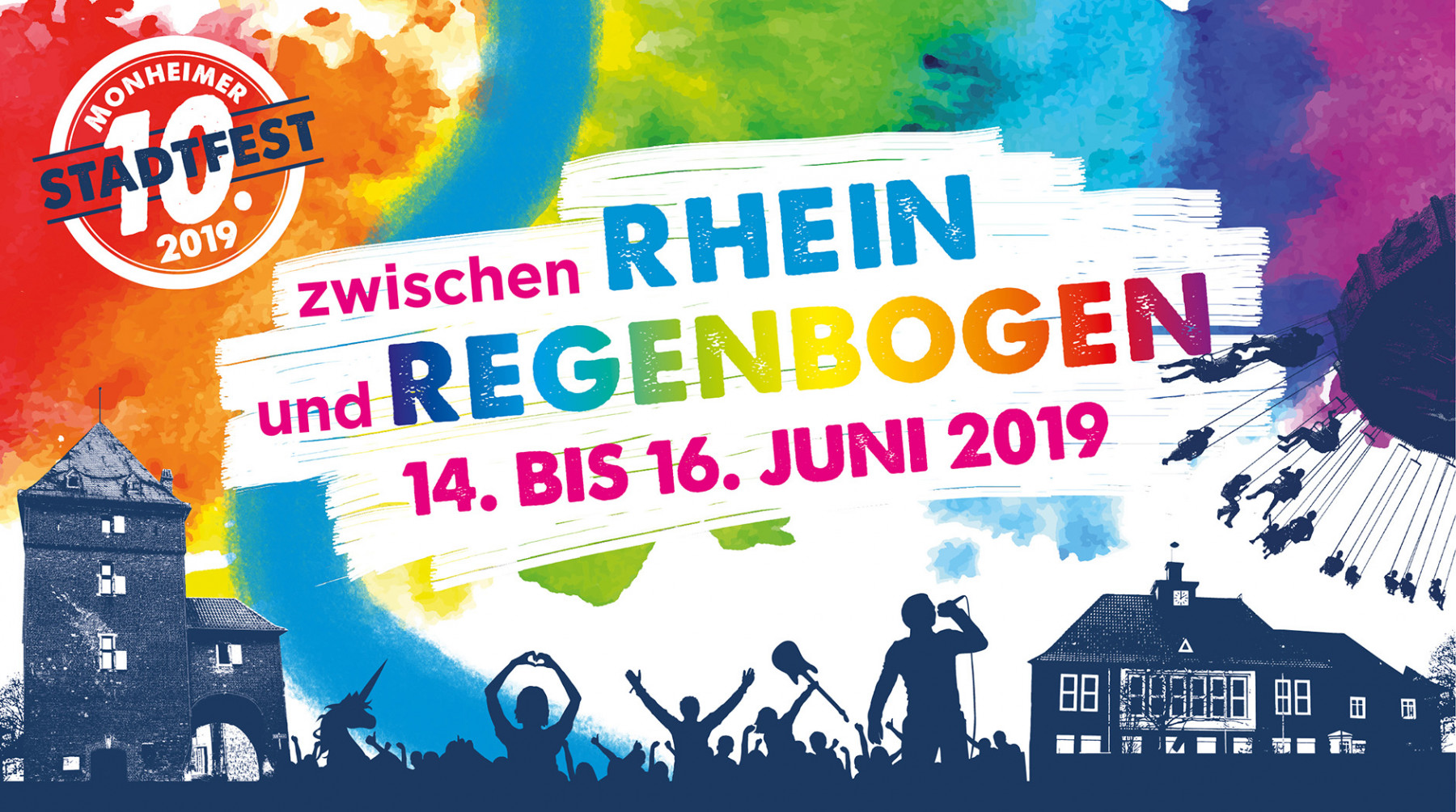 Buntes Plakat für das Monheimer Stadtfest 2019, das vom 14. bis 16. Juni unter dem Motto zwischen Rhein und Regenbogen stattfindet, mit verschiedenen Silhouetten von Feiernden.