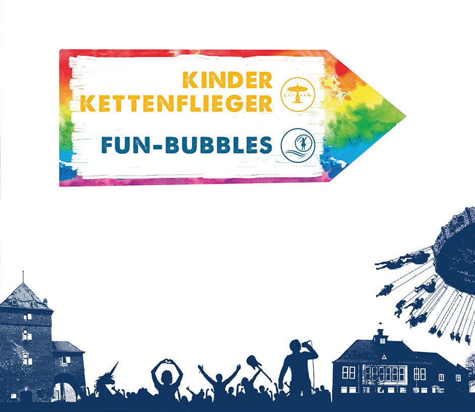 Hinweisschild für Kinder-Kettenflieger und Fun-Bubbles, umgeben von bunten Illustrationen von Menschen und einer historischen Kulisse. Ideal für Familienausflüge und Freizeitaktivitäten.