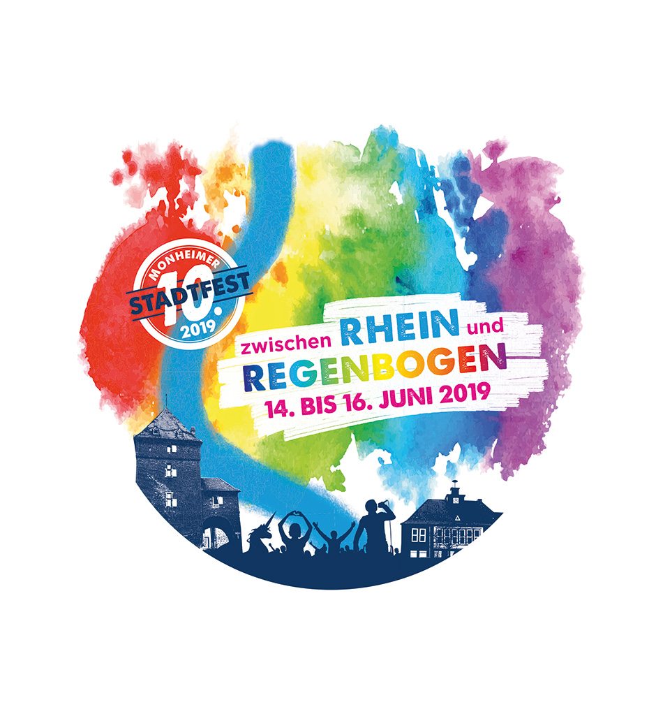 Logo des Monheimer Stadtfestes 2019 mit bunten Regenbogenfarben und dem Slogan zwischen Rhein und Regenbogen. Veranstaltungsdaten: 14. bis 16. Juni 2019.