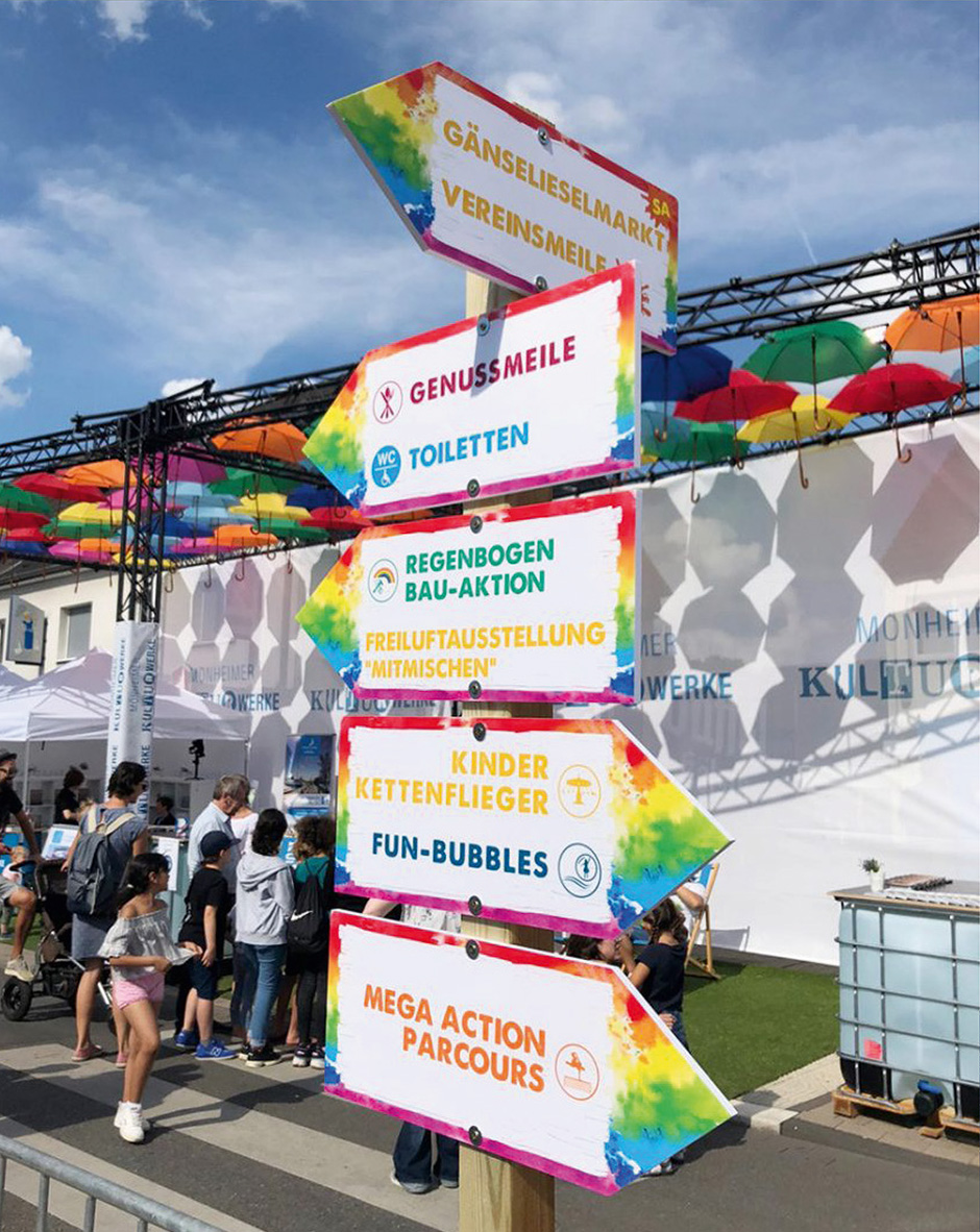 Bunte Wegweiser auf dem Gänselieselmarkt zeigen verschiedene Attraktionen wie Genussmeile, Toiletten, Kinderkettenflieger und Mega Action Parcours. Besucher genießen das vielfältige Angebot.