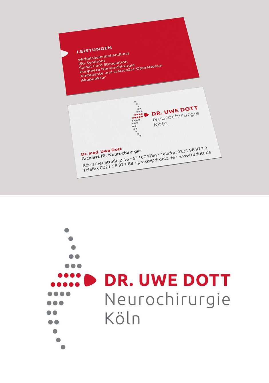 Visitenkarte von Dr. Uwe Dott, Facharzt für Neurochirurgie in Köln. Informationen zu Leistungen wie Wirbelsäulenbehandlung, Akupunktur und mehr. Kontaktinformationen sind sichtbar. Webdesign für Arztpraxen Köln.