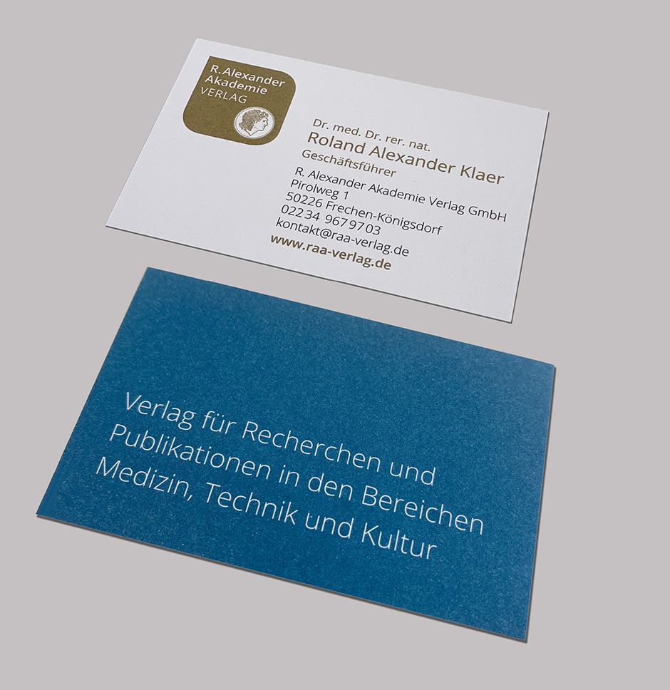 Visitenkarten des R. Alexander Akademie Verlags mit Kontaktdaten von Dr. Roland Alexander Klaer. Verlag spezialisiert auf Medizin, Technik und Kultur. Corporate Design Köln