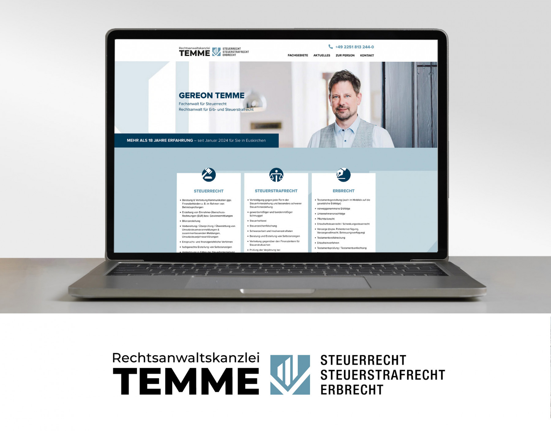 Startseite der Rechtsanwaltskanzlei Temme auf einem Laptop. Corporate Design Köln