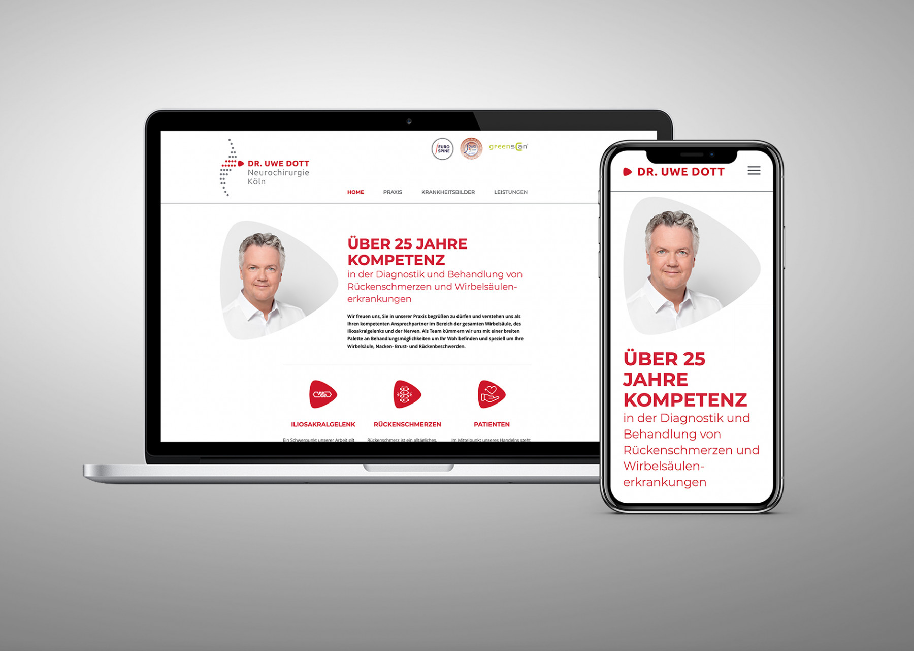 Website von Dr. Uwe Dott, Neurochirurg in Köln, mit Informationen zu über 25 Jahren Erfahrung in der Diagnose und Behandlung von Rücken- und Wirbelsäulenerkrankungen. Webdesign für Arztpraxen Köln