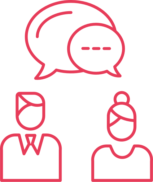 Zwei Personen im Gespräch mit Sprechblasen, die den Austausch von Ideen und Informationen symbolisieren. Ideal für Themen zu Kommunikation und Interaktion.