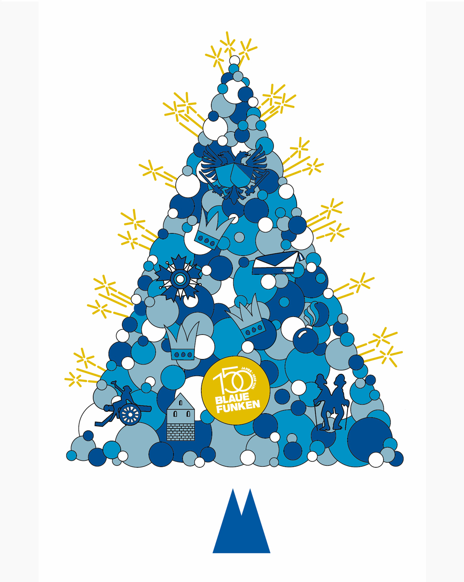 Weihnachtsbaum-Illustration in Blau- und Weißtönen, geschmückt mit Symbolen der Blauen Funken zum 150-jährigen Jubiläum, umgeben von leuchtenden Sternen und bunten Kugeln.