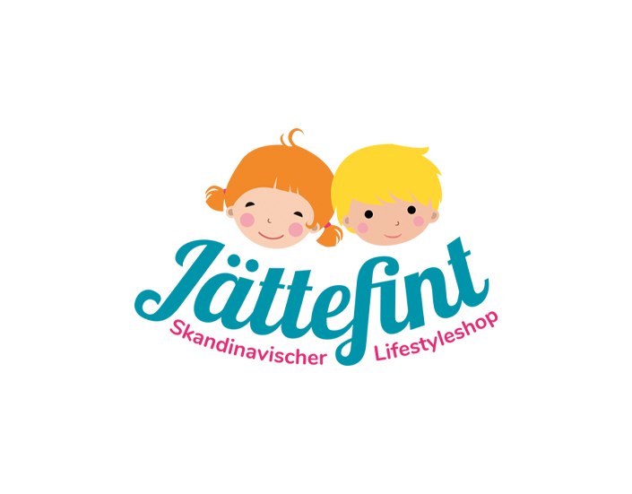 Logo von Jättefint, einem skandinavischen Lifestyleshop in Köln, mit einem freundlichen Design von zwei Kindern. Der Shop bietet eine Auswahl an stilvollen und einzigartigen Produkten. Logodesign Köln