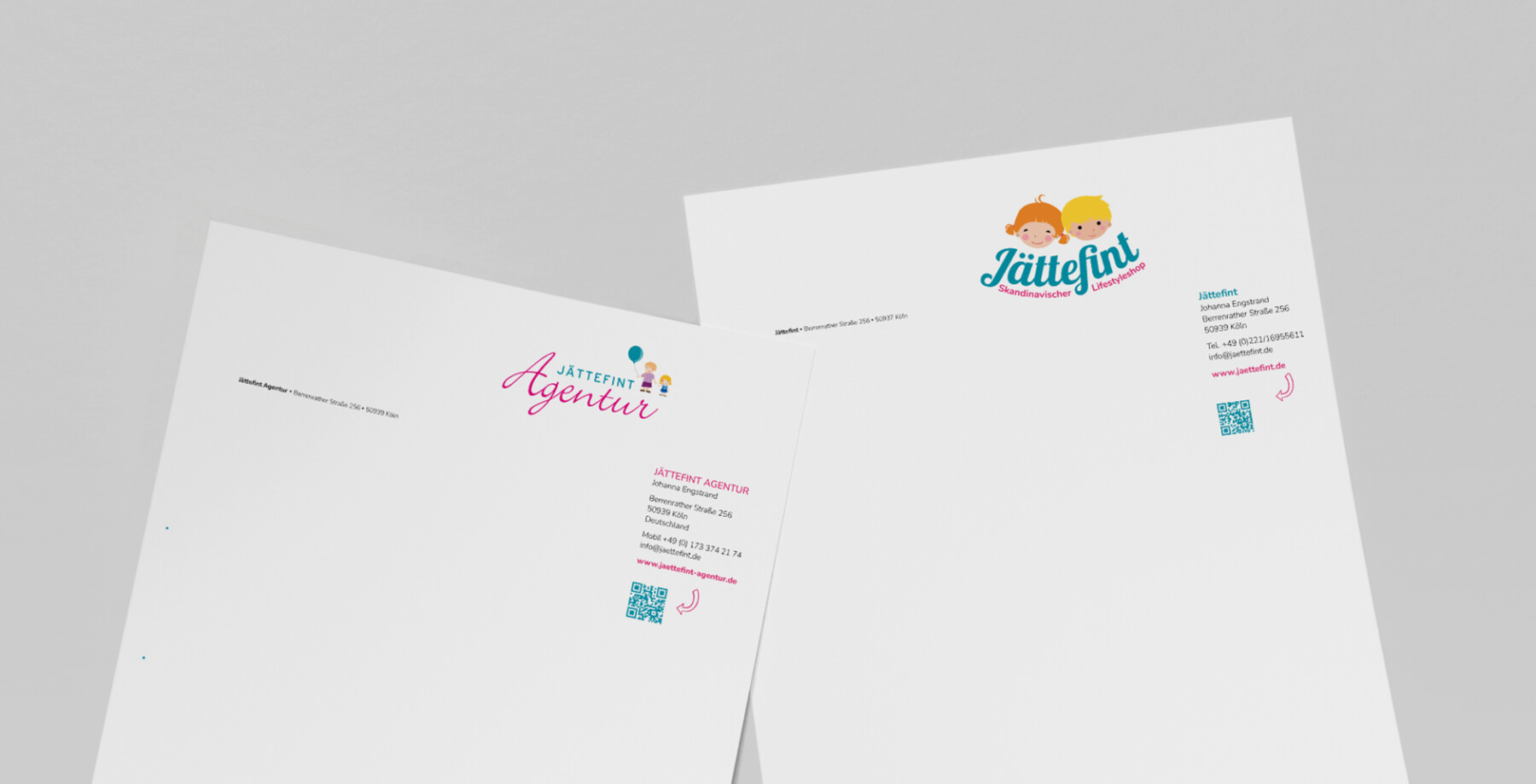 Briefpapier der Jättefint Agentur in Köln, gestaltet mit buntem Logo und Kontaktdaten. Ideal für kreative Dienstleistungen und skandinavische Lifestyle-Produkte. Corporate Design Köln