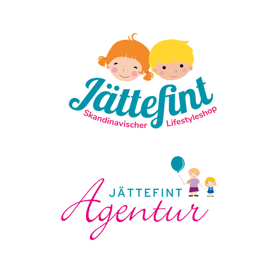 Logo von Jättefint, einem skandinavischen Lifestyleshop, sowie der Jättefint Agentur, die kreative Dienstleistungen für Familien und Kinder anbietet. Farbenfroh und einladend gestaltet. Corporate Design Köln